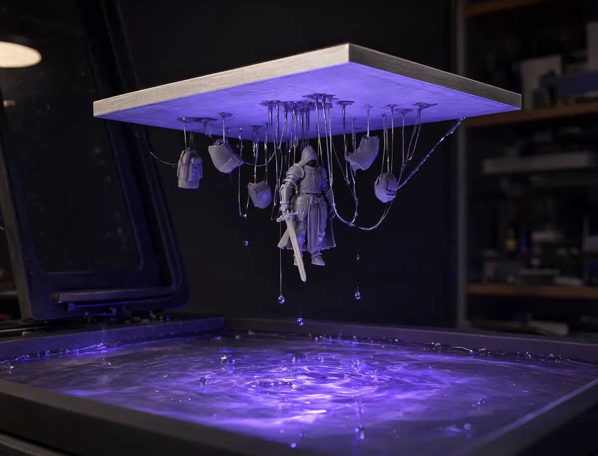 Une impression en résine sortant de la cuve sous lumière violette