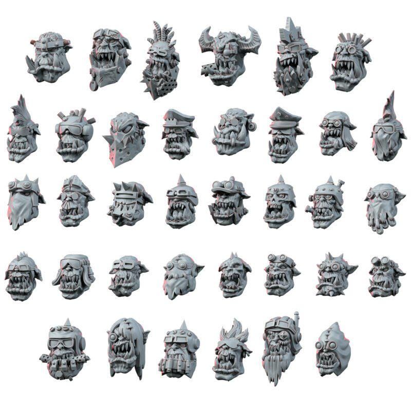 Ork Heads Set 36 Unique Bits 16K Resin | Unpainted Wargaming Conversion Proxy