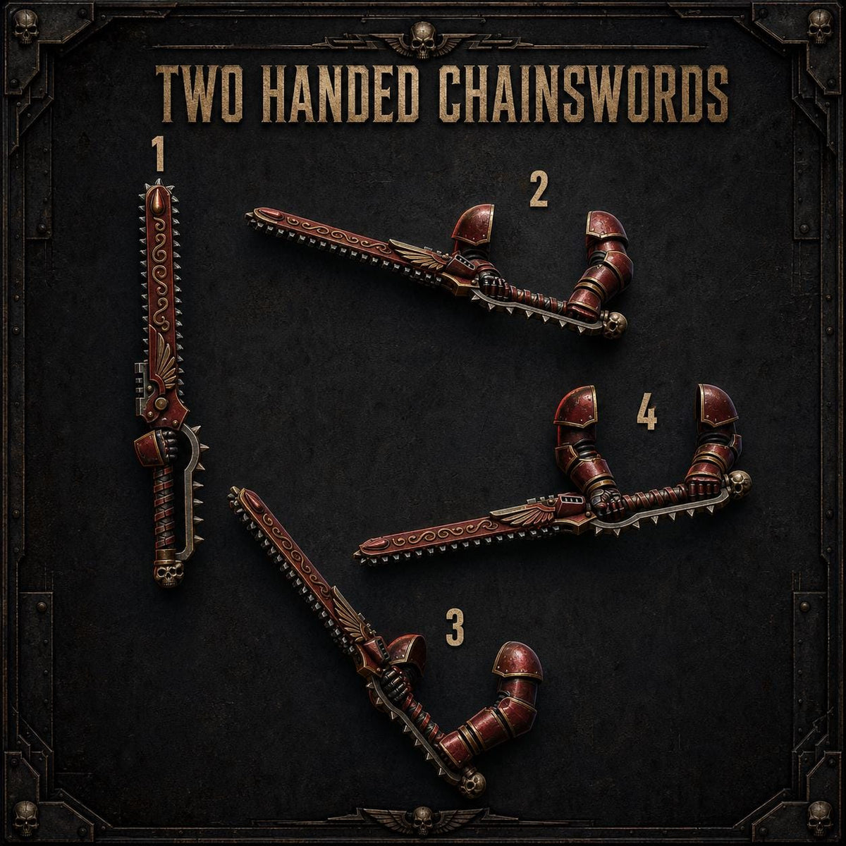 Crimson Lords Two handed chainswords – Blood Angels Compatible Bits, GreyTide Studio – 3D printed 16K resin bits – main photo