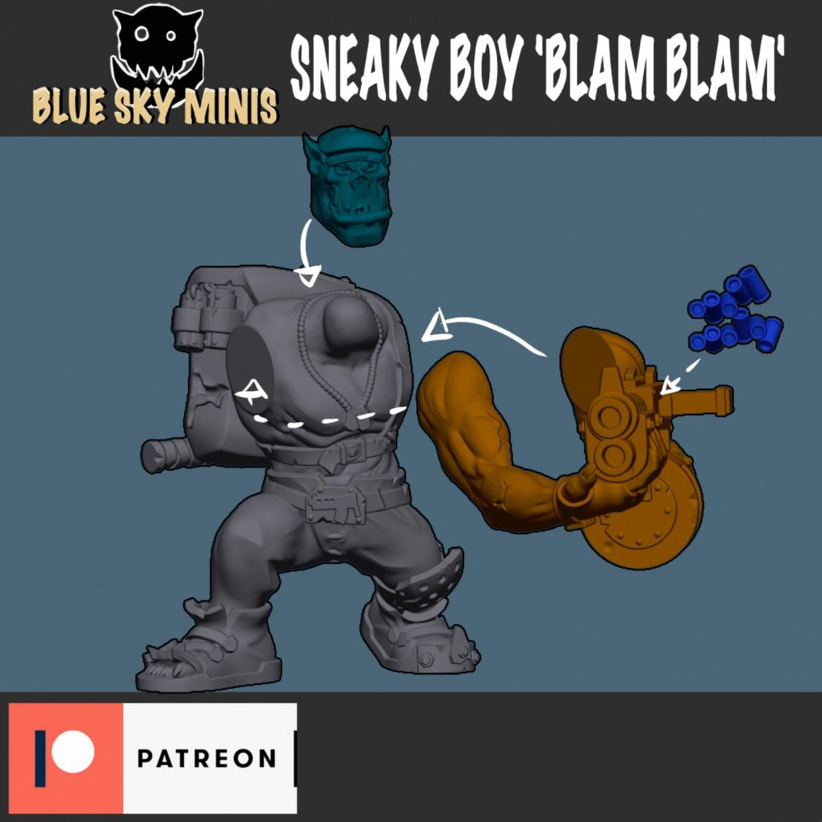 Sneaky Boy Blam Blam Orc Character – Ork Proxy, Blue Sky Minis – 3D printed 16K resin miniature – photo 3 of 3