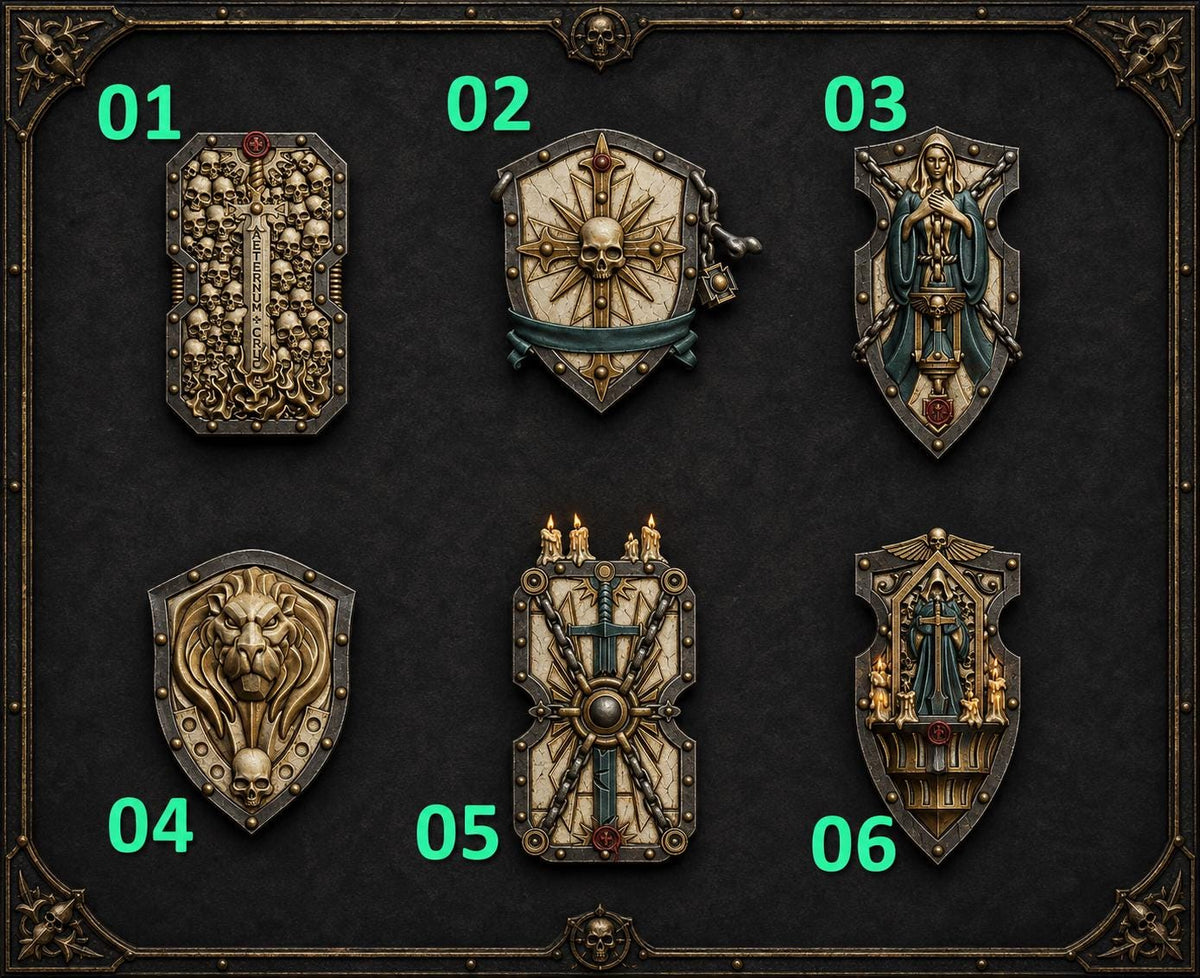 Eternal Pilgrims Shields – Dark Angels Compatible Bits, GreyTide Studio – 3D printed 16K resin bits – main photo