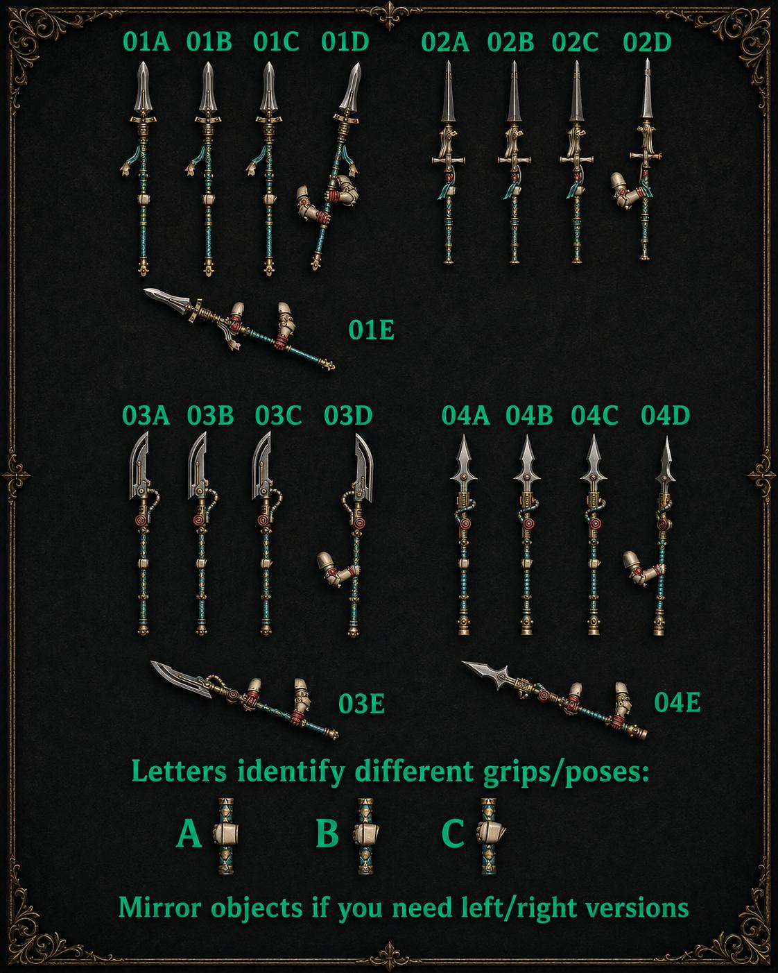 Eternal Pilgrims Spears and two handed spears – Dark Angels Compatible Bits, GreyTide Studio – 16K resin bits – main photo