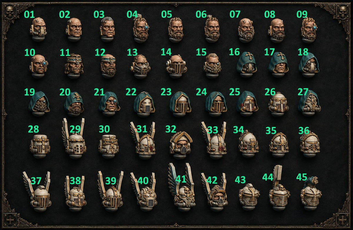 Eternal Pilgrims Heads and helmets – Dark Angels Compatible Bits, GreyTide Studio – 3D printed 16K resin bits – main photo