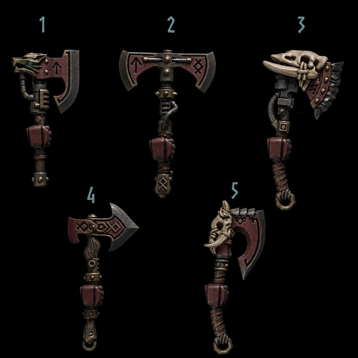 Primal Hounds Axes – Space Wolves Compatible Bits, GreyTide Studio – 3D printed 16K resin bits – main photo